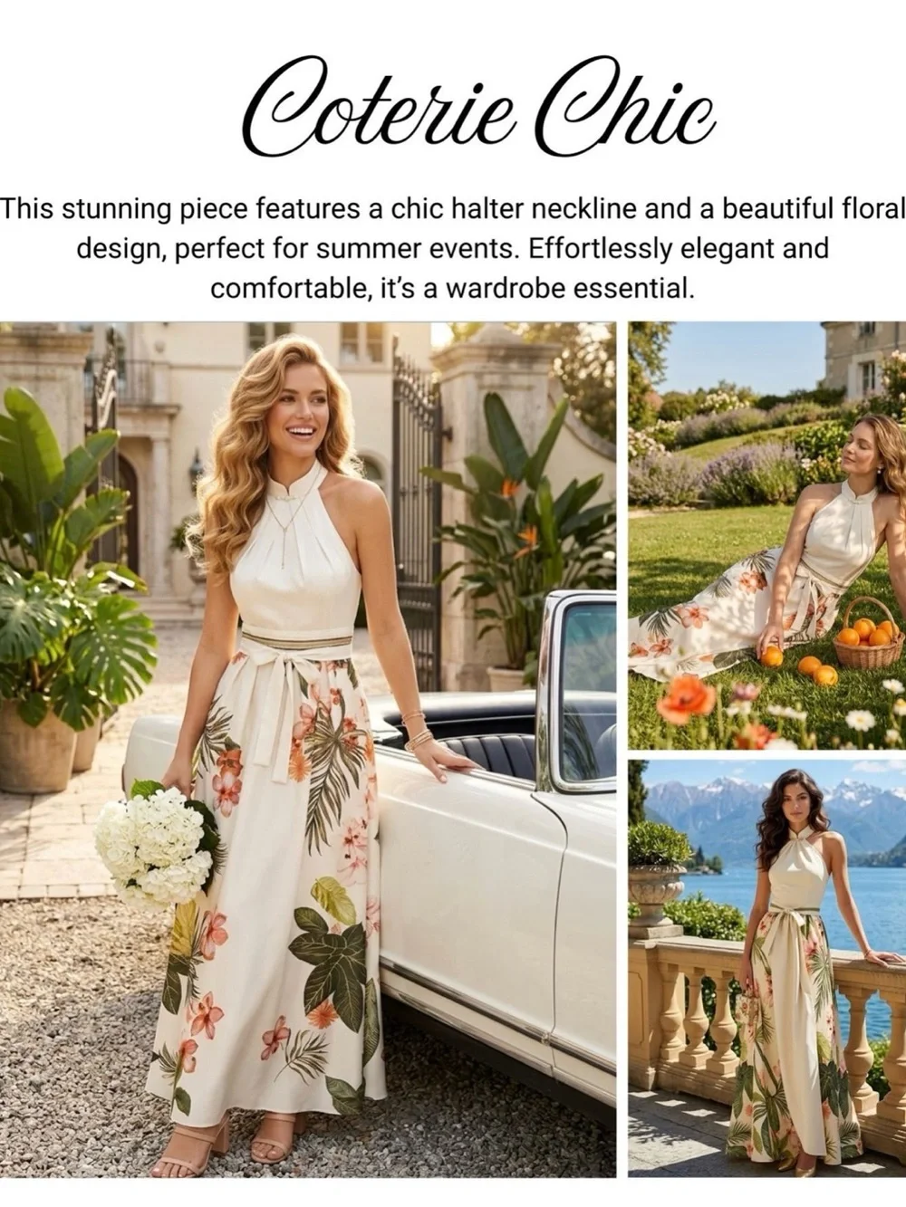 White Halter Maxi Skirt with Tropical Floral Print#351